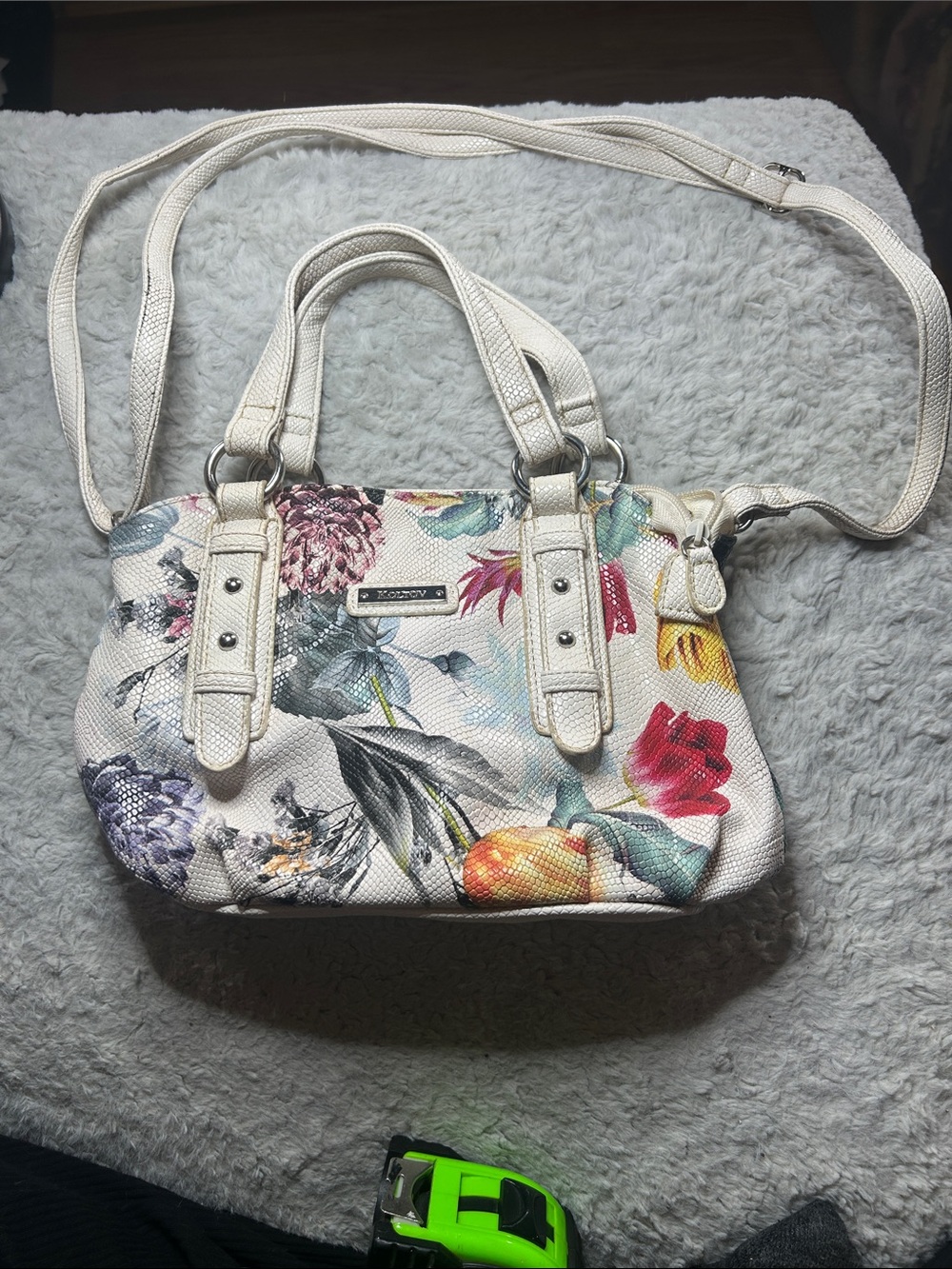 White Floral Shoulder Satchel with Removable Strap